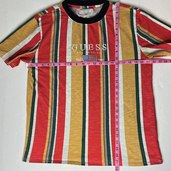 VTG GUESS David Sayer Vertical Stripe T Shirt Embroidered US Flag Spellout Y2K M - Picture 5 of 16